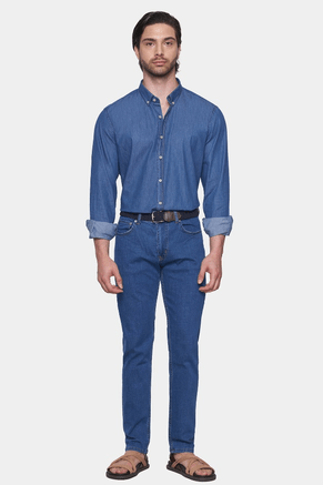 Men's blue denim button-up shirt with pointed collar, button cuffs, and chest pockets