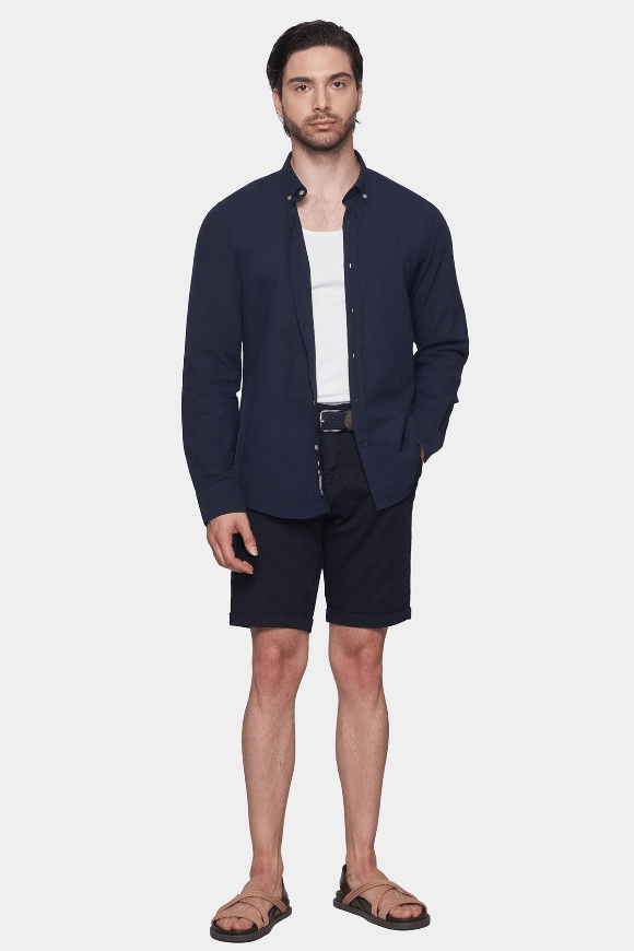 Navy summer shorts with belt loops and straight mid-thigh hem