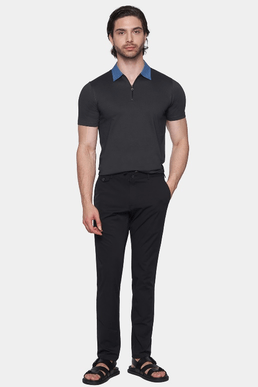 Charcoal knit polo with blue collar and front zipper, short sleeves