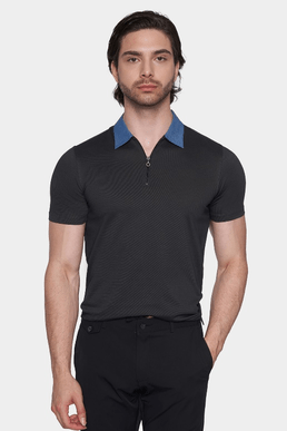 Charcoal knit polo with blue collar and short front zipper; short sleeves