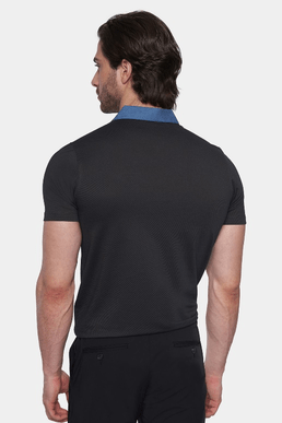 Charcoal polo back view with blue collar trim and short sleeves