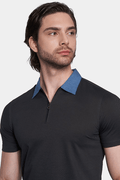 Charcoal knit polo shirt with blue pointed collar and quarter-zip placket