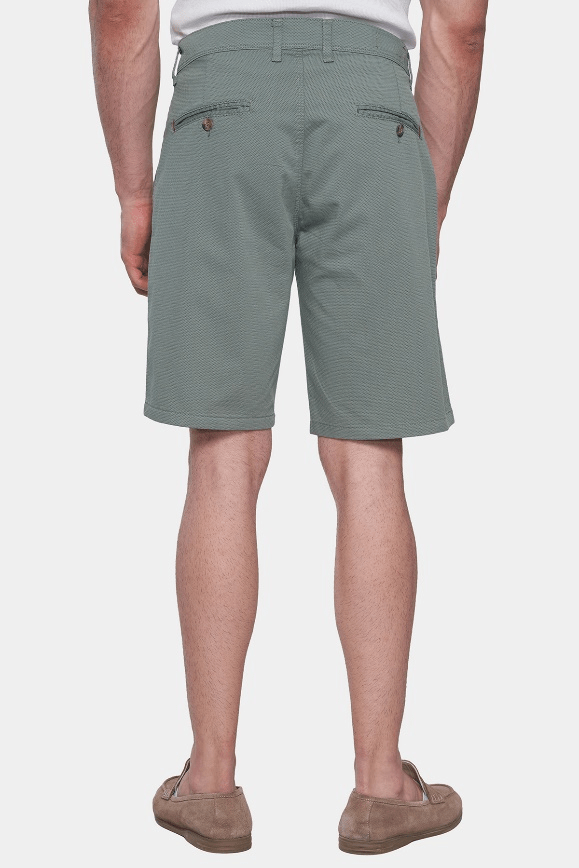 Seal green men’s straight-leg shorts with belt loops and back pockets