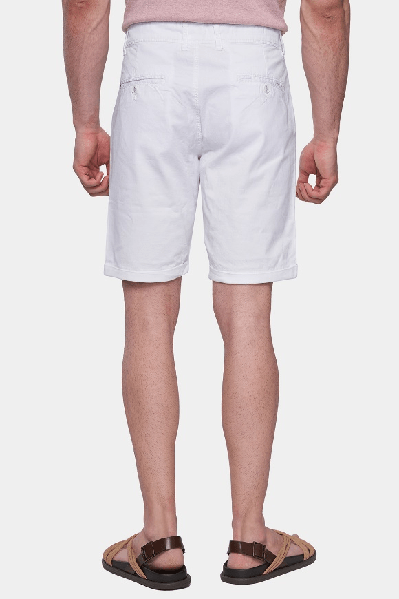 White casual shorts with belt loops and rear pockets.