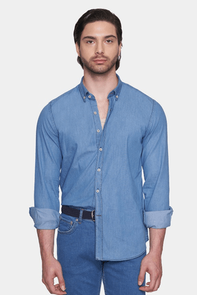 Light blue denim button-up shirt with button-down collar and roll-tab cuffs