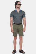 Stone dark gray mercerized cotton polo with blue contrast collar and button placket