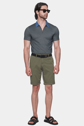 Stone dark gray mercerized cotton polo with blue contrast collar and button placket