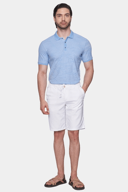 Men's sky blue knit polo shirt with short sleeves and chest button placket