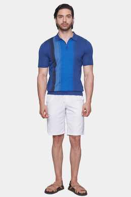 Blue knit polo shirt with vertical stripe texture, ribbed collar, short sleeves