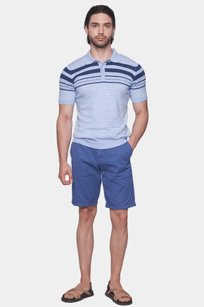 Men's light blue striped polo shirt with collar and button placket