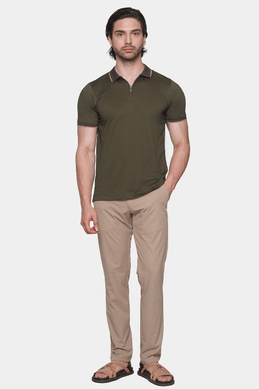 Olive short-sleeve polo shirt with ribbed collar and button placket