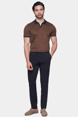 Chocolate open polo shirt, short sleeves, navy neckline trim