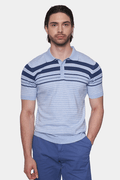 Men's striped polo shirt in light blue with navy and gray horizontal stripes