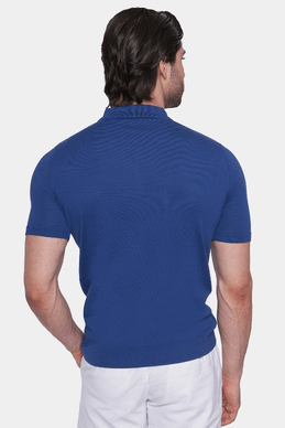Blue knit polo shirt, back view with ribbed collar and short sleeves