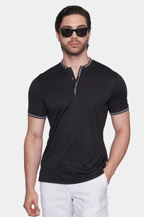 Black polo shirt with quarter-zip front and striped collar/trim, short sleeves.