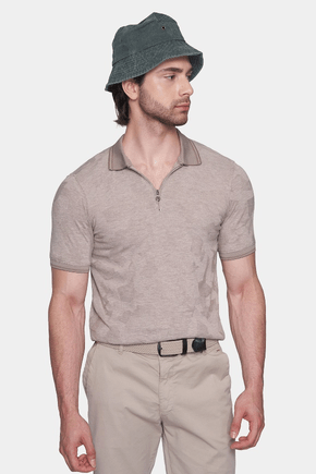 Cotton polo shirt with quarter-zip and ribbed collar, pale beige, side view