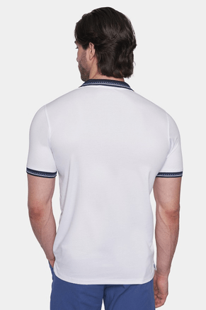White polo shirt back view with navy-trim collar and sleeve hems