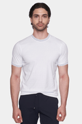 White short-sleeve crewneck T-shirt with patterned trim at collar and sleeve edges