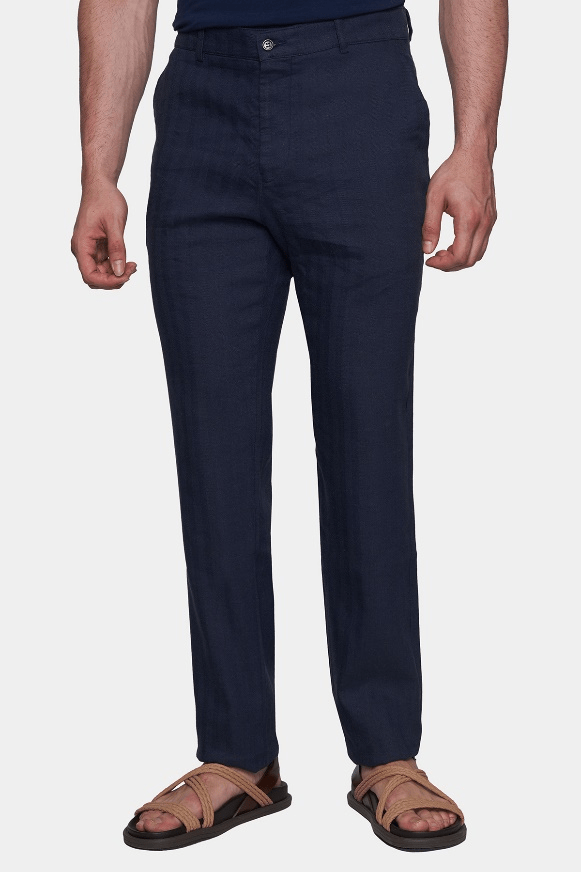 Men's dark navy chino pants with front button and zip fly