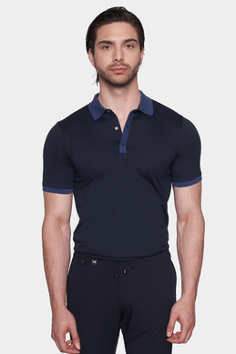 Dark blue mercerized cotton polo with contrast collar and button placket