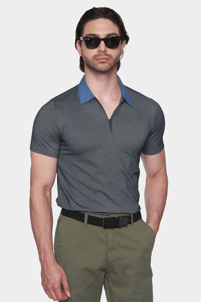 Stone dark gray mercerized cotton polo front view with blue collar and button placket