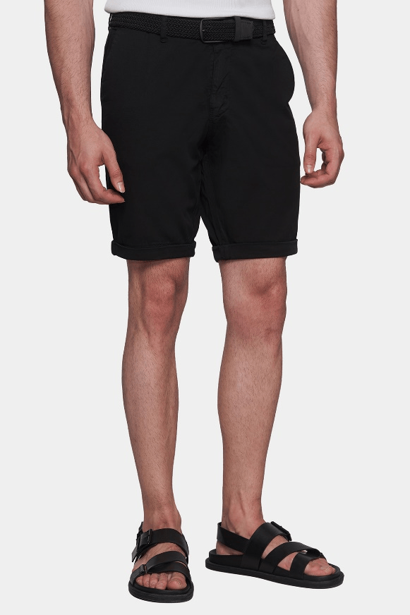 Jet black summer shorts with belt loops, button closure, and side pockets
