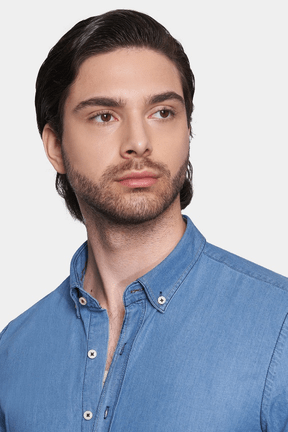 Light blue denim button-down collar shirt with front button placket detail