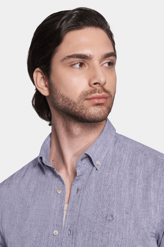 Lavender linen shirt with button-down point collar and chest pocket