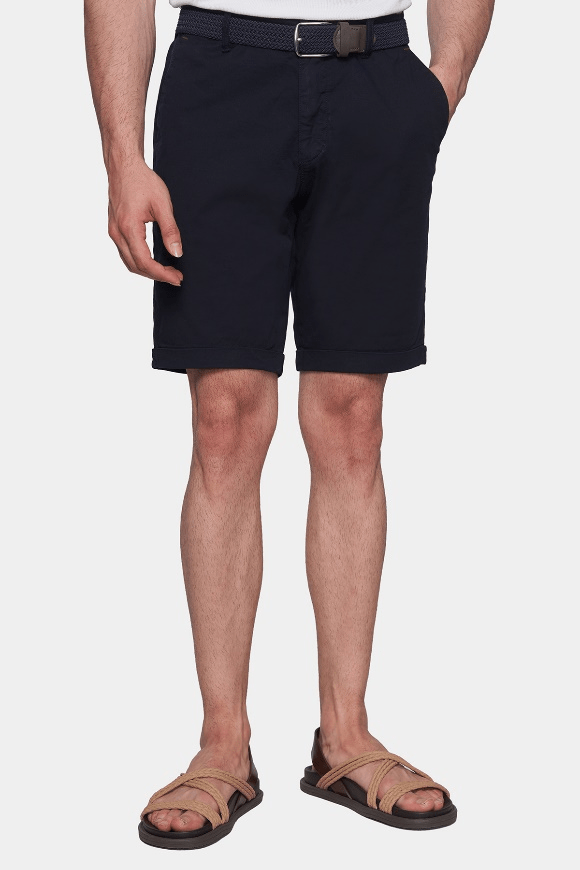 Navy summer shorts with belt loops, zip fly, and front pockets