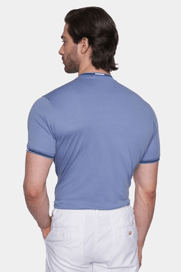 Mercerized cotton polo back view, powder blue with ribbed sleeve cuffs