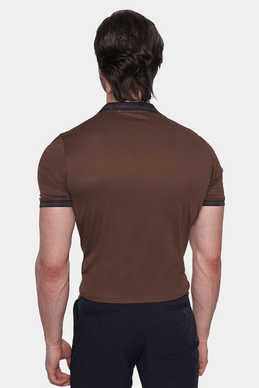Chocolate open polo shirt back view with navy sleeve and collar edging