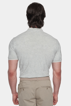 Light gray-green polo shirt back view with short sleeves