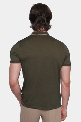 Olive polo shirt back view with ribbed collar and short sleeves