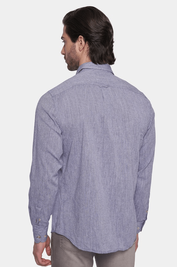 Men's lavender linen shirt with back yoke and long sleeves, left side view