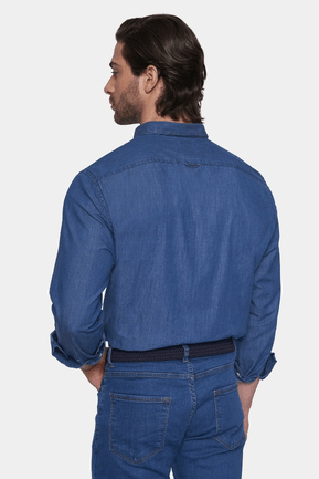 Blue denim shirt back view with yoke seam and buttoned cuffs