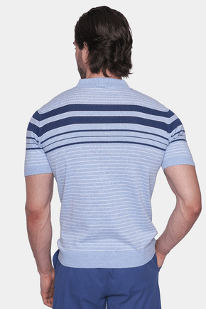 Men's back view striped polo shirt in light blue with navy horizontal bands