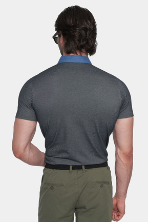 Stone dark gray mercerized cotton polo back view with blue contrast collar