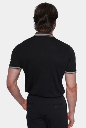 Black polo shirt back view with striped collar and short sleeves