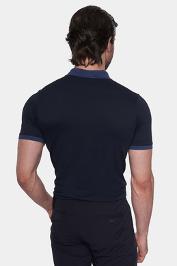 Dark blue mercerized cotton polo, back view with contrast collar trim