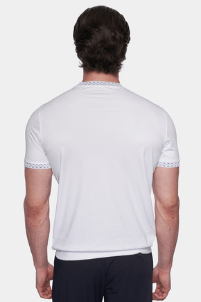 White short-sleeve crewneck T-shirt, back view, patterned sleeve trim
