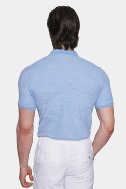 Men's sky blue knit polo shirt, rear view with short sleeves