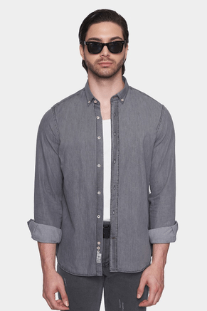 Gray denim button-up shirt with pointed collar and roll-up sleeves