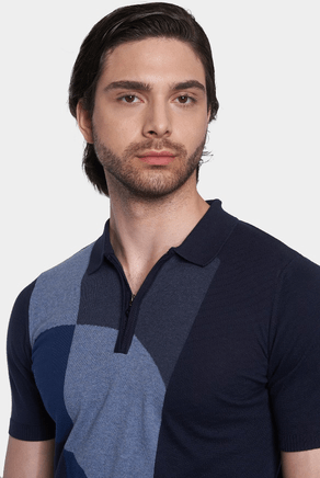 Navy and light blue color-block cotton polo with ribbed collar and half-zip