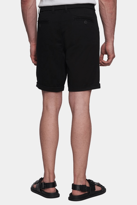 Jet black summer shorts front view with belt loops and knee-length hem