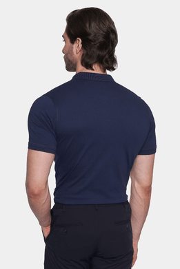 Men's deep sea blue polo shirt, short sleeves, solid back view