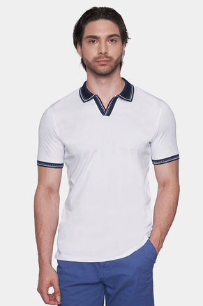 White polo shirt with contrast navy open collar and double-stitched sleeve cuffs