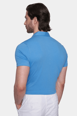 Blue mercerized cotton polo shirt back view, short sleeves and clean hem