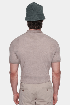 Cotton polo shirt back view with short sleeves and quarter-zip, pale beige