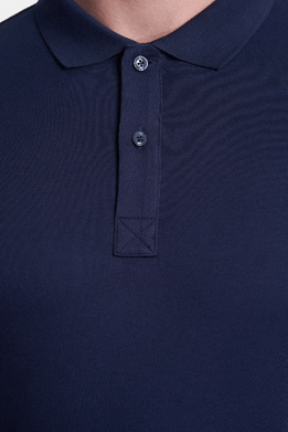 Deep sea blue polo collar with three-button placket and stitched detail