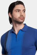 Blue knit polo shirt with ribbed collar and button placket, short sleeves